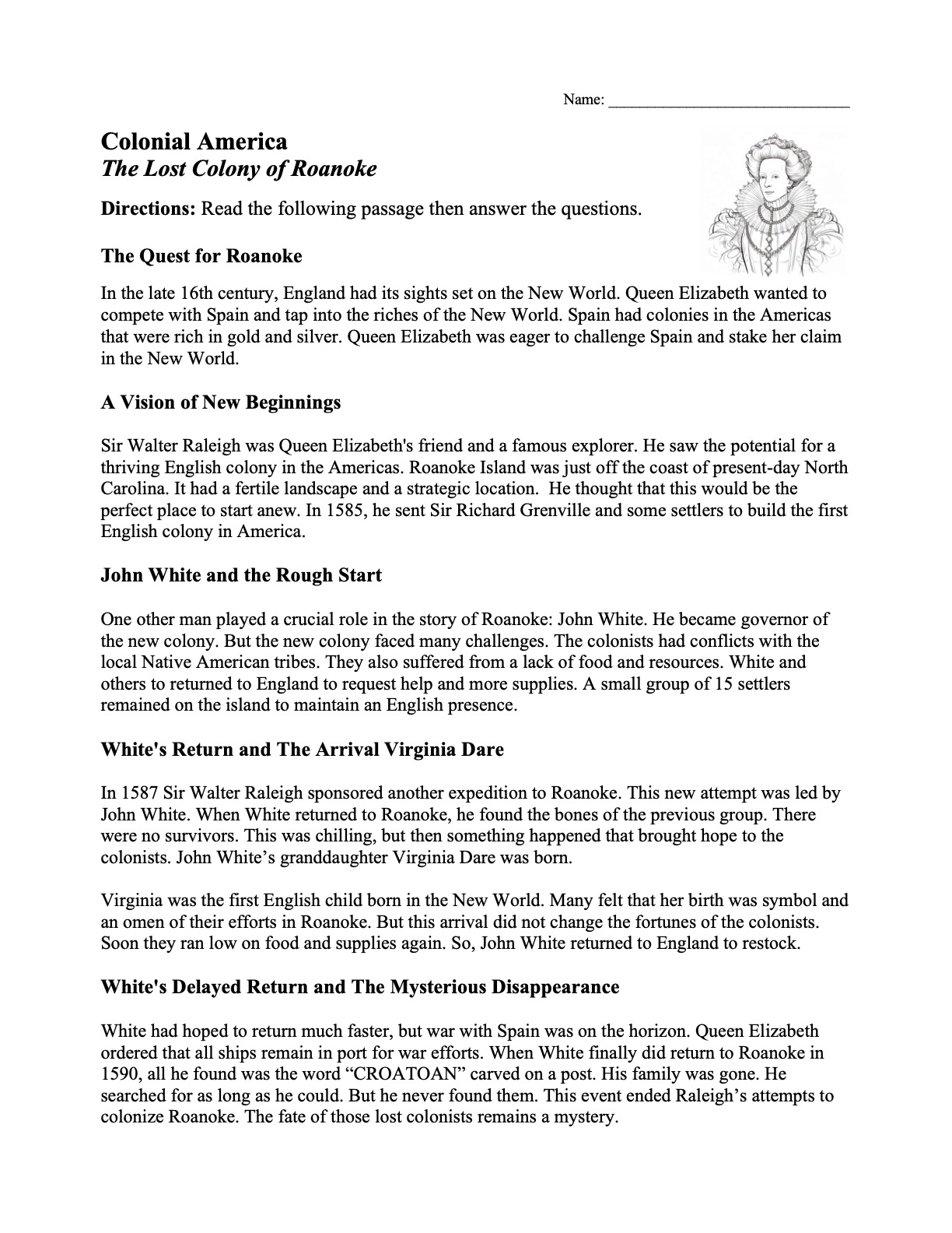 This is a preview image of our The Lost Colony of Roanoke Worksheet. Click on it to enlarge this image and view the source file.