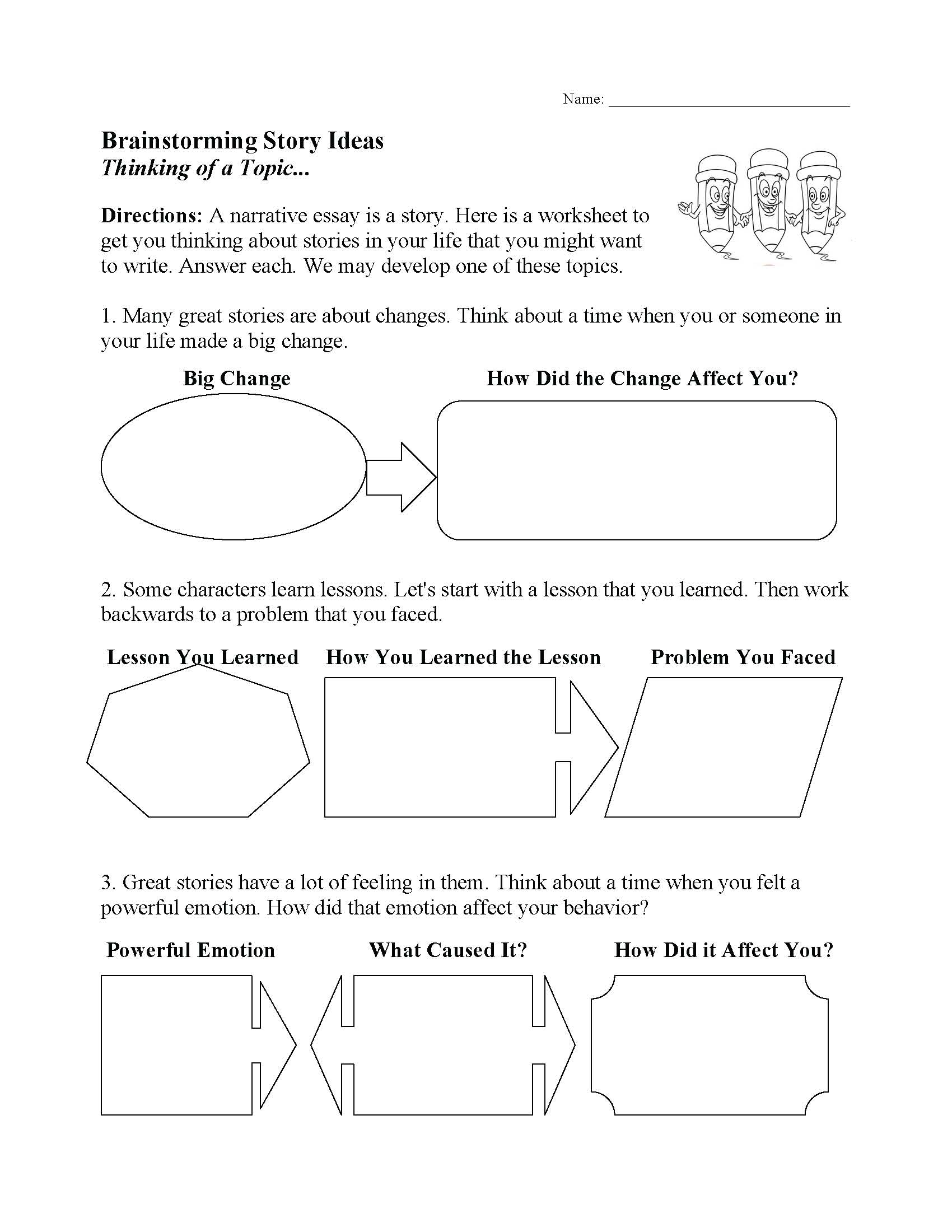 This is a preview image of our Brainstorming Story Ideas Worksheet. Click on it to enlarge this image and view the source file.
