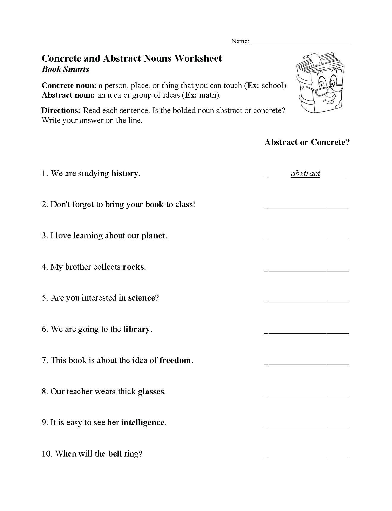 Concrete And Abstract Nouns Worksheet Parts Of Speech Activity