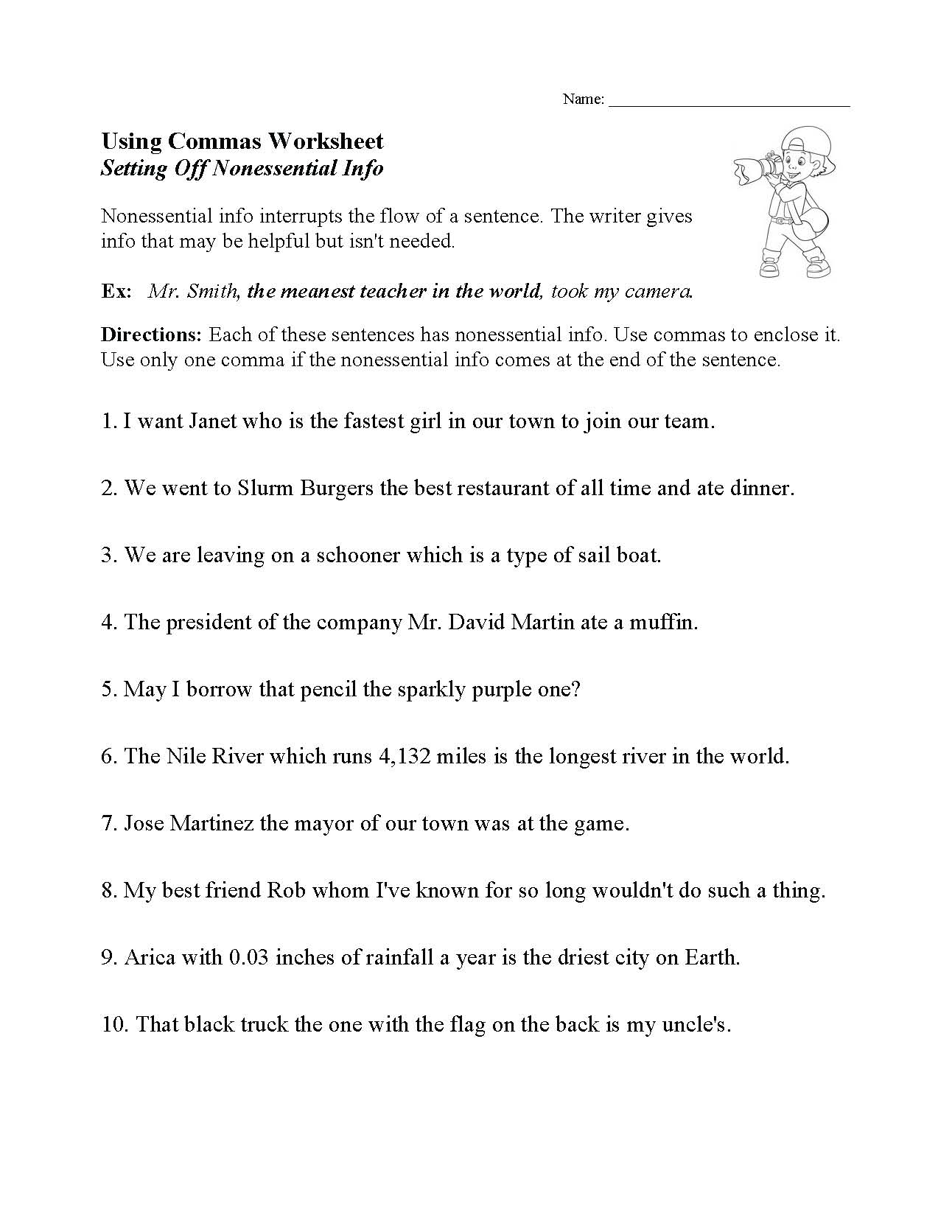 This is a preview image of our Using Commas to Set Off Information Worksheet. Click on it to enlarge this image and view the source file.