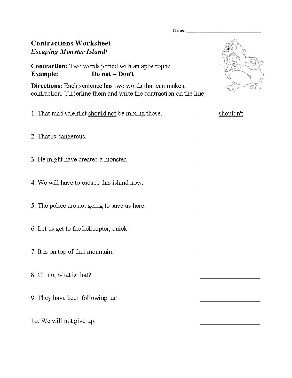 This is a preview image of our Contractions Worksheet. Click on it to enlarge this image and view the source file.