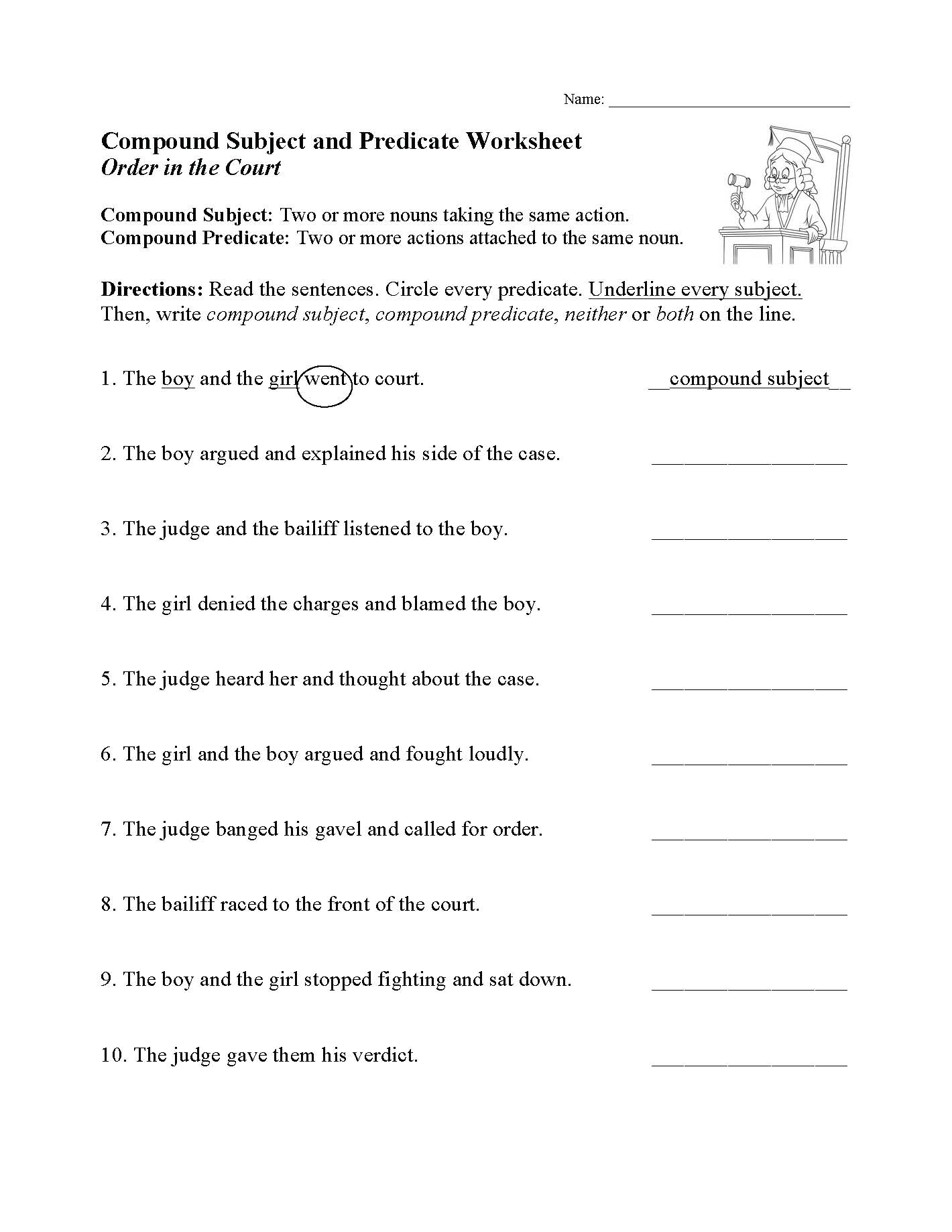 Compound Subject and Predicate Worksheet  Sentence Structure Activity Throughout Subject Predicate Worksheet Pdf