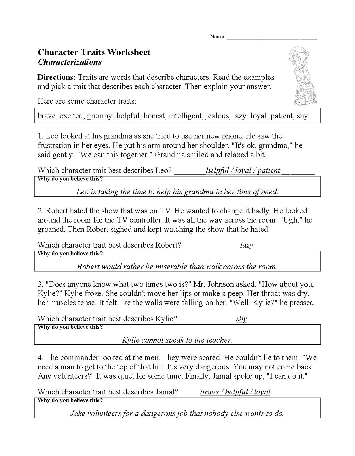 This is a preview image of our Character Traits Worksheet. Click on it to enlarge this image and view the source file.