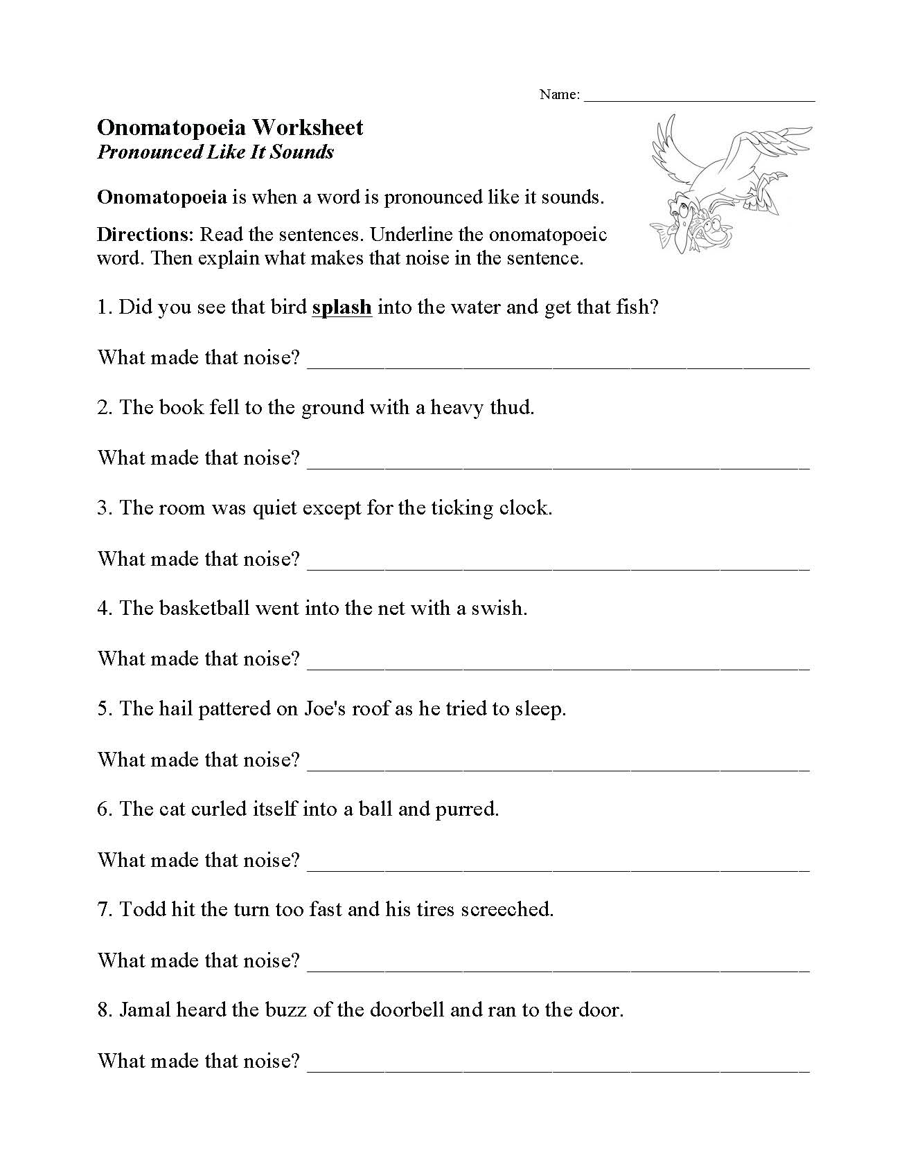 This is a preview image of our Onomatopoeia Worksheet. Click on it to enlarge or view the source file.
