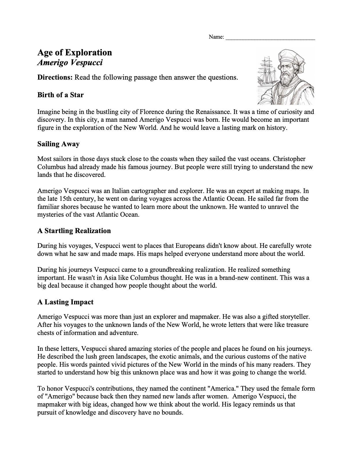 This is a preview image of our Amerigo Vespucci Worksheet. Click on it to enlarge this image and view the source file.