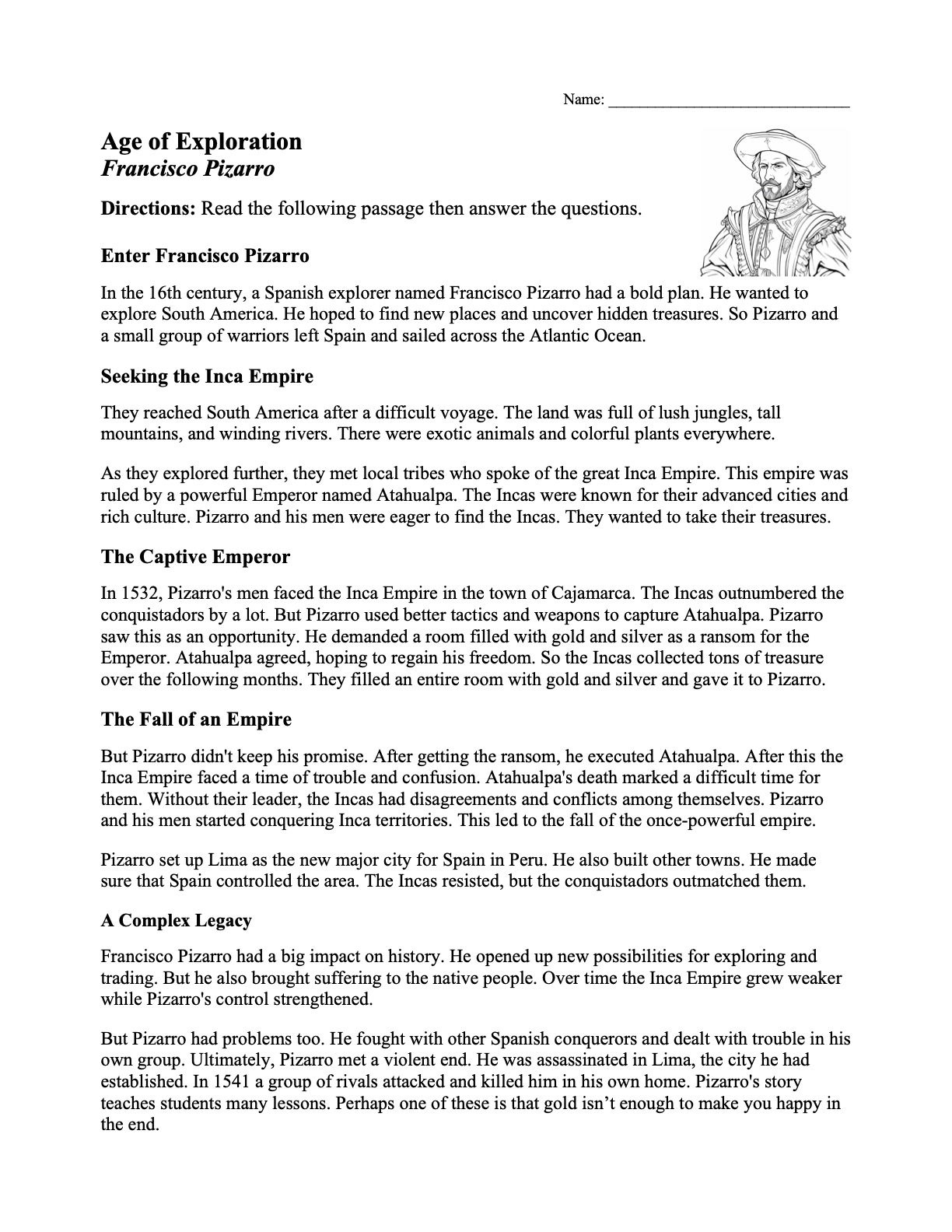 This is a preview image of our Francisco Pizarro Worksheet. Click on it to enlarge this image and view the source file.