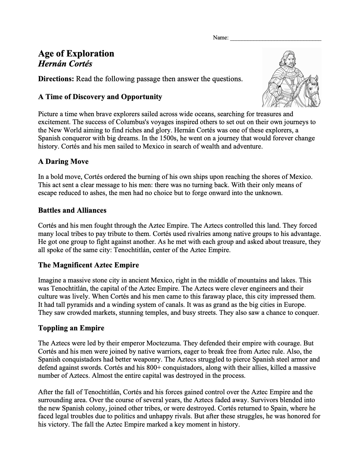 This is a preview image of our Hernan Cortes Worksheet. Click on it to enlarge this image and view the source file.