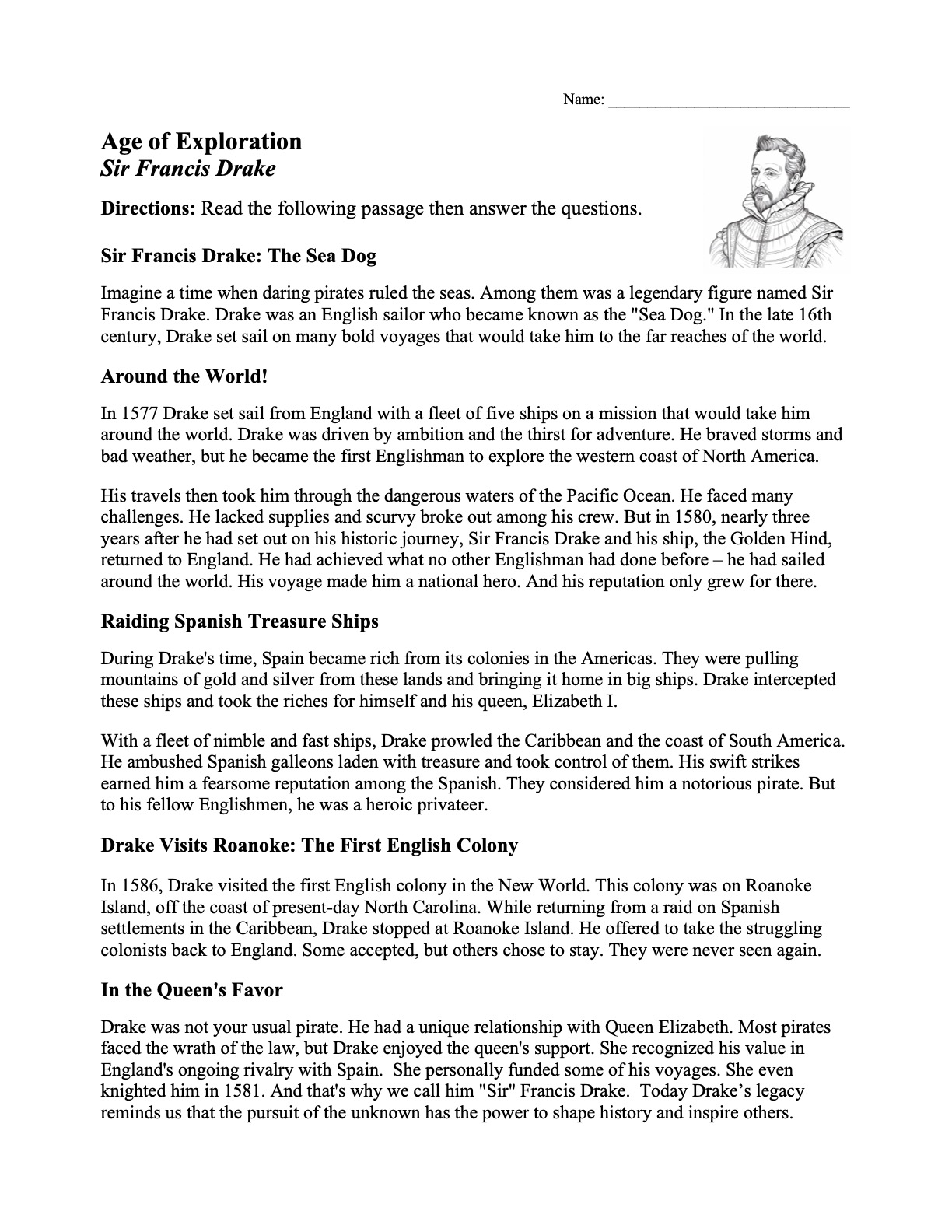This is a preview image of our Sir Francis Drake Worksheet. Click on it to enlarge this image and view the source file.