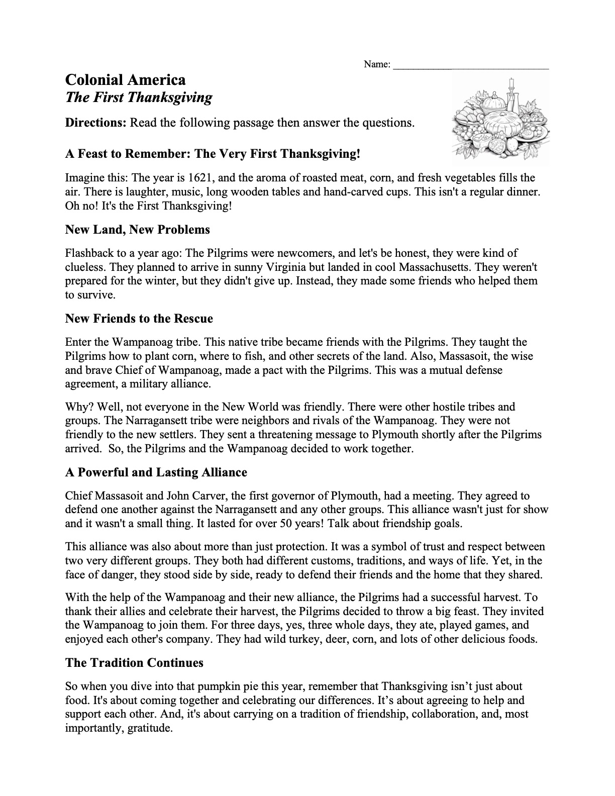 This is a preview image of our The First Thanksgiving Worksheet. Click on it to enlarge this image and view the source file.