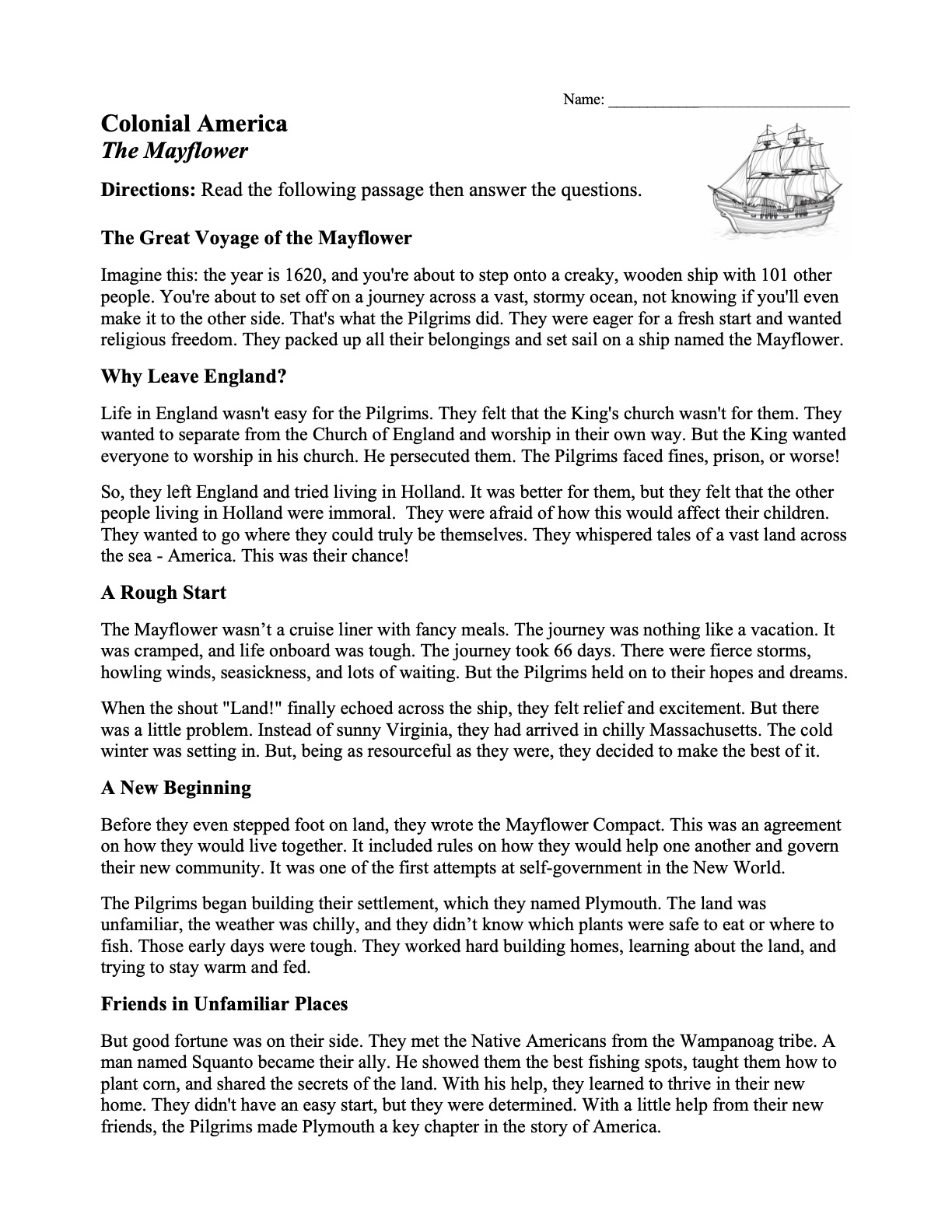 This is a preview image of our The Mayflower Worksheet. Click on it to enlarge this image and view the source file.