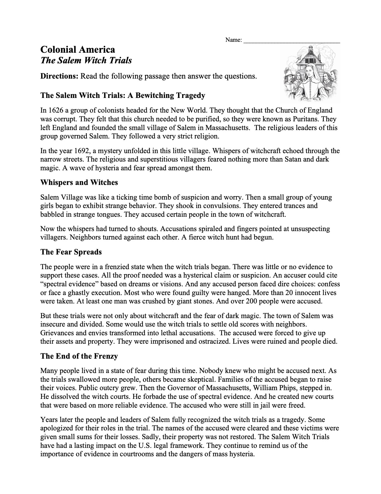 This is a preview image of our The Salem Witch Trials Worksheet. Click on it to enlarge this image and view the source file.