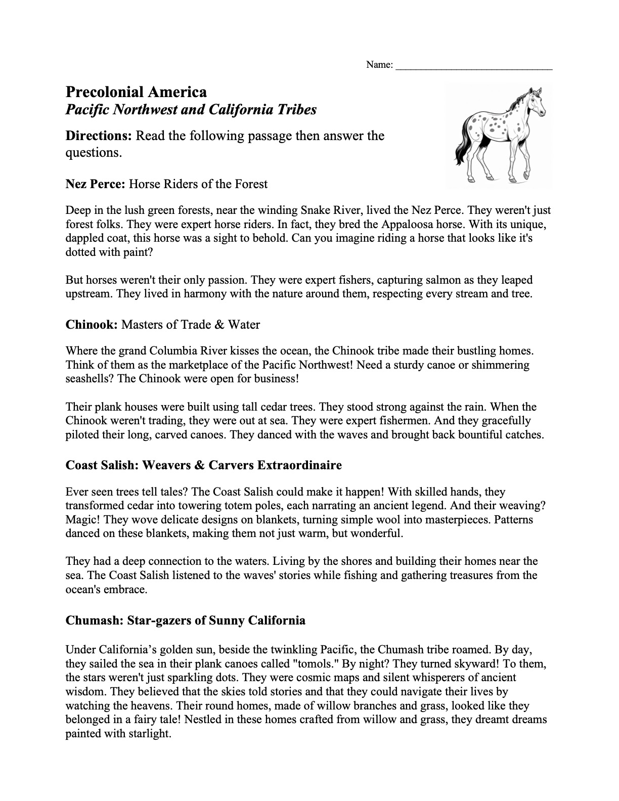This is a preview image of our Pacific Northwest and California Tribes Worksheet. Click on it to enlarge this image and view the source file.