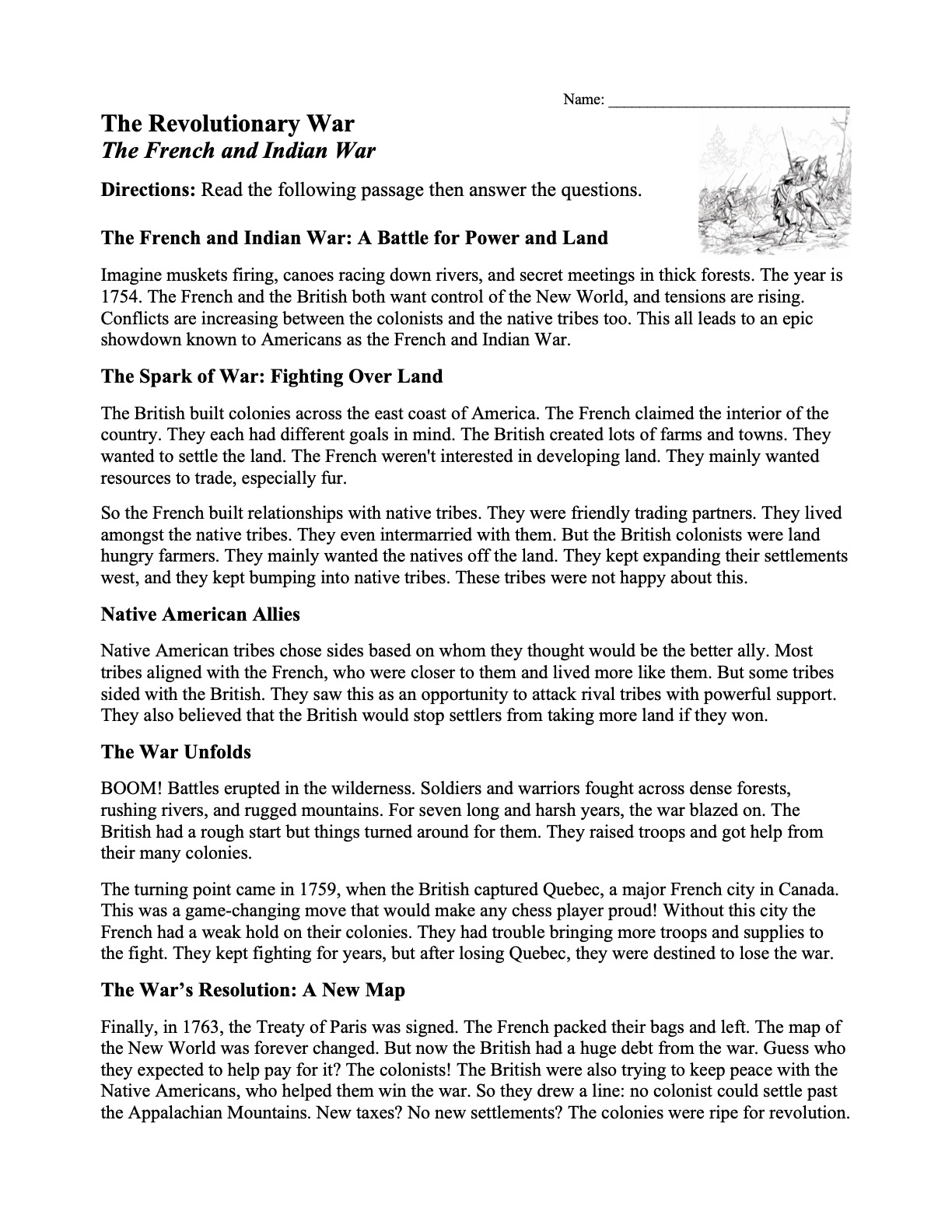 This is a preview image of our The French and Indian War Worksheet. Click on it to enlarge this image and view the source file.