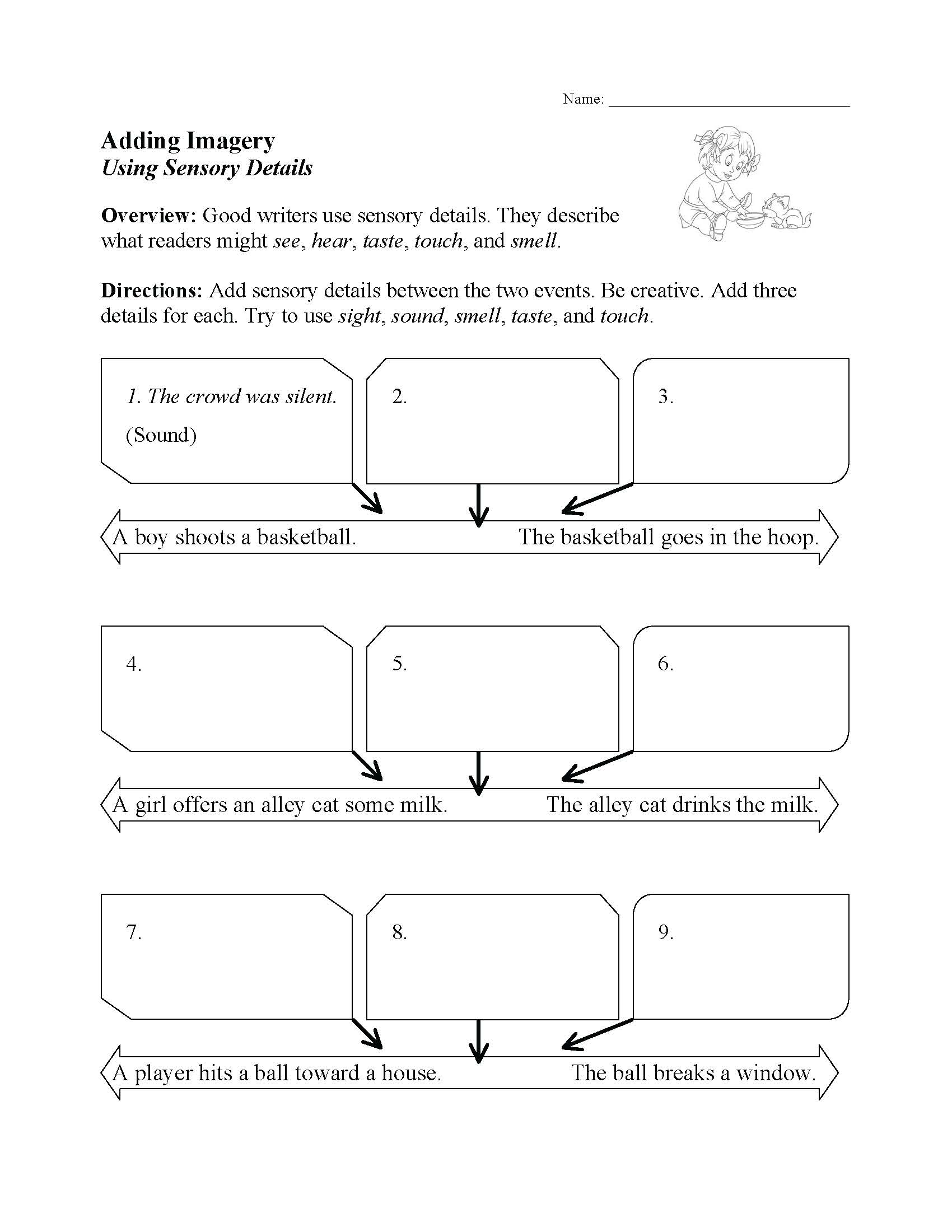 This is a preview image of our Imagery and Sensory Details Worksheet. Click on it to enlarge this image and view the source file.